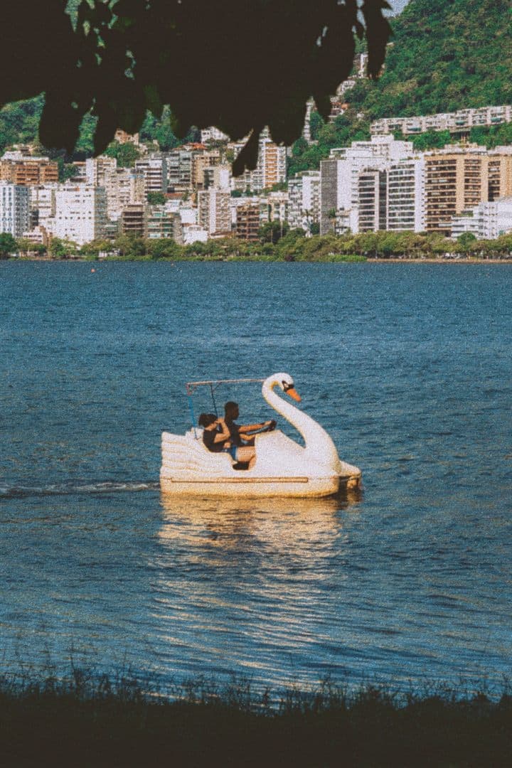 Pedalinho de cisne na Lagoa, com os prédios da orla ao fundo